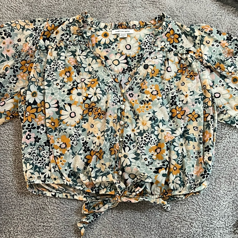 AE Long Sleeve Tie Front Blouse, Medium